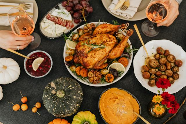 Table with a variety of Thanksgiving foods